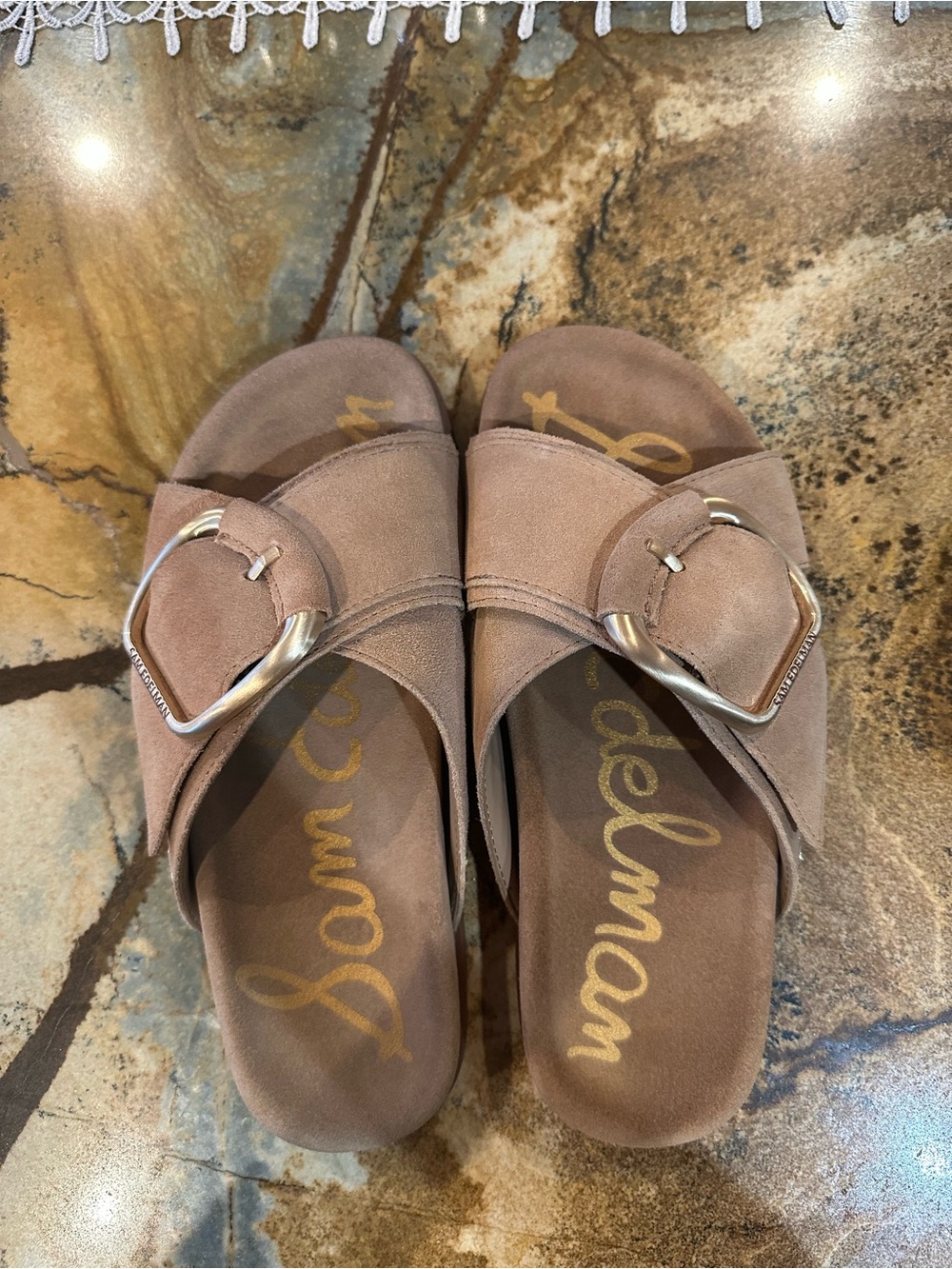 Sam Edelman Tan Suede Slide Sandals with Silver Buckle